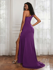 One Shoulder Ruched Mermaid Gown With Slit Grape Plus Size