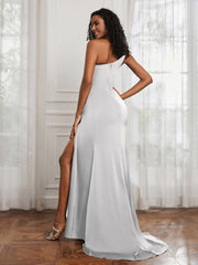 One Shoulder Ruched Mermaid Gown With Slit Ivory