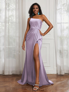 One Shoulder Ruched Mermaid Gown With Slit Lilac
