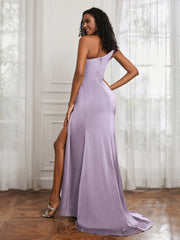 One Shoulder Ruched Mermaid Gown With Slit Lilac