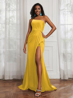One Shoulder Ruched Mermaid Gown With Slit Marigold