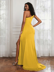 One Shoulder Ruched Mermaid Gown With Slit Marigold