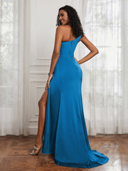 One Shoulder Ruched Mermaid Gown With Slit Ocean Blue