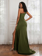 One Shoulder Ruched Mermaid Gown With Slit Olive Green