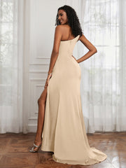 One Shoulder Ruched Mermaid Gown With Slit Peach
