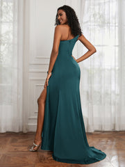 One Shoulder Ruched Mermaid Gown With Slit Peacock