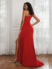 One Shoulder Ruched Mermaid Gown With Slit Red