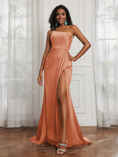 One Shoulder Ruched Mermaid Gown With Slit Rust