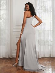 One Shoulder Ruched Mermaid Gown With Slit Silver