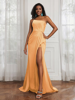 One Shoulder Ruched Mermaid Gown With Slit Tangerine