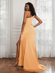One Shoulder Ruched Mermaid Gown With Slit Tangerine
