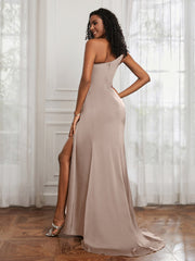 One Shoulder Ruched Mermaid Gown With Slit Taupe