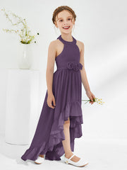 Asymmetrical Junior Bridesmaid Dresses with Flower Plum