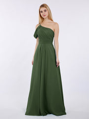 Princess One Shoulder Chiffon Bridesmaid Dresses Olive Green