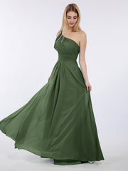 Princess One Shoulder Chiffon Bridesmaid Dresses Olive Green