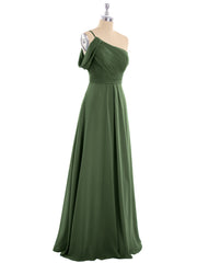 Princess One Shoulder Chiffon Bridesmaid Dresses Olive Green