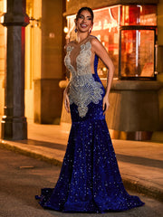 Exquisite Rhinestone-Embellished Mermaid Evening Dress Royal Blue