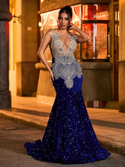 Exquisite Rhinestone-Embellished Mermaid Evening Dress Royal Blue