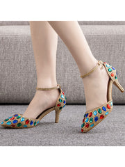 Pointed Toe Colorful Rhinestone Decor Ankle-strap High Heels