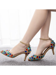 Pointed Toe Colorful Rhinestone Decor Ankle-strap High Heels