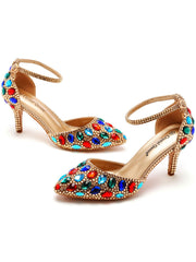 Pointed Toe Colorful Rhinestone Decor Ankle-strap High Heels
