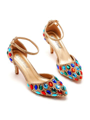 Pointed Toe Colorful Rhinestone Decor Ankle-strap High Heels