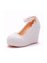 Round Toe Lace Flower Ankle Strap Wedge Heel Wedding Shoes