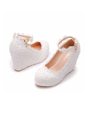 Round Toe Lace Flower Ankle Strap Wedge Heel Wedding Shoes