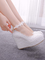 Round Toe Lace Flower Ankle Strap Wedge Heel Wedding Shoes