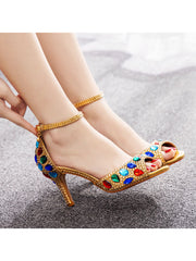 Peep Toe Colorful Rhinestone Decor Ankle-strap High Heels