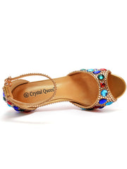 Peep Toe Colorful Rhinestone Decor Ankle-strap High Heels