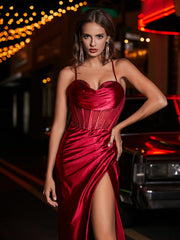 Sweetheart Sheath Sweep Train Satin Prom Dresses Burgundy