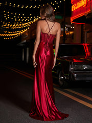 Sweetheart Sheath Sweep Train Satin Prom Dresses Burgundy Plus Size