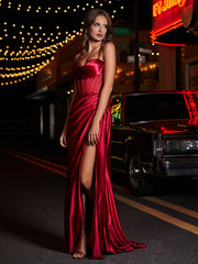Sweetheart Sheath Sweep Train Satin Prom Dresses Burgundy Plus Size