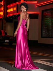 Sweetheart Sheath Sweep Train Satin Prom Dresses Hot Pink