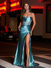 Sweetheart Sheath Sweep Train Satin Prom Dresses Jade