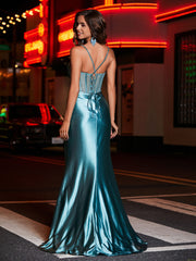 Sweetheart Sheath Sweep Train Satin Prom Dresses Jade