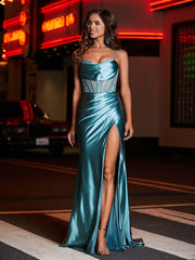 Sweetheart Sheath Sweep Train Satin Prom Dresses Jade