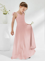 V-neck Chiffon Ruched Junior Bridesmaid Dresses Dusty Rose