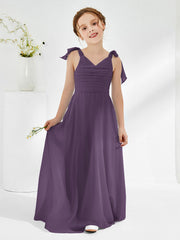 V-neck Chiffon Ruched Junior Bridesmaid Dresses Plum