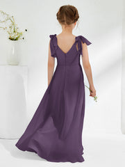 V-neck Chiffon Ruched Junior Bridesmaid Dresses Plum