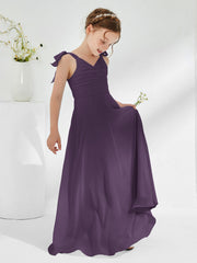 V-neck Chiffon Ruched Junior Bridesmaid Dresses Plum