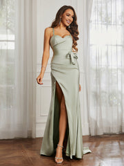 Sweetheart Neckline Lace-up Pleated Dress With Belt Dusty Sage