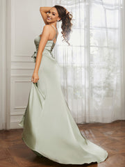 Sweetheart Neckline Lace-up Pleated Dress With Belt Dusty Sage