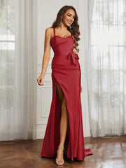 Sweetheart Neckline Lace-up Pleated Dress With Belt Burgundy