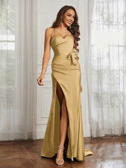 Sweetheart Neckline Lace-up Pleated Dress With Belt Gold