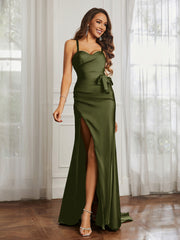 Sweetheart Neckline Lace-up Pleated Dress With Belt Olive Green