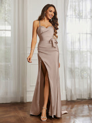 Sweetheart Neckline Lace-up Pleated Dress With Belt Taupe Plus Size