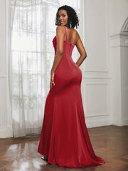 One Shoulder Spaghetti Straps Dress With Slit Burgundy