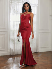 One Shoulder Spaghetti Straps Dress With Slit Burgundy Plus Size